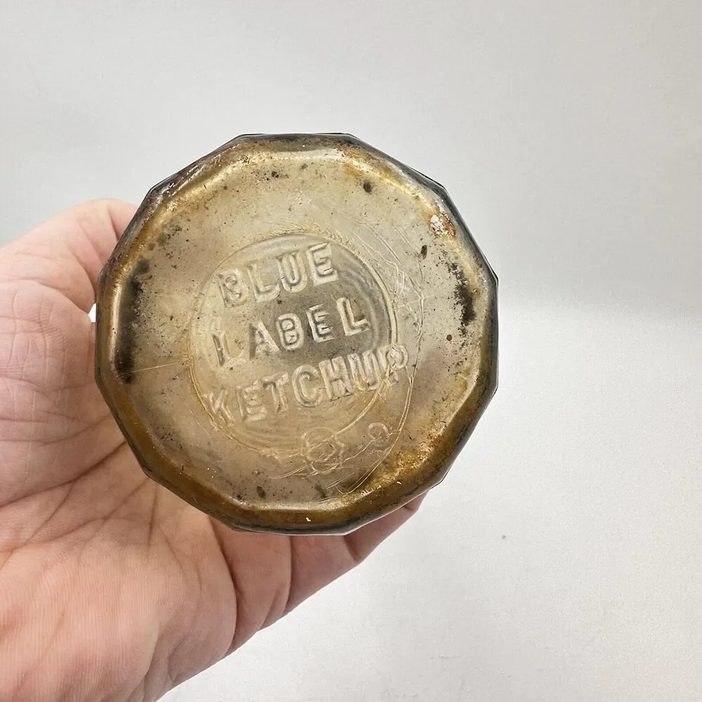 Antique Blue Label Ketchup Glass Bottle with lid - retro kitchen kitsch decor